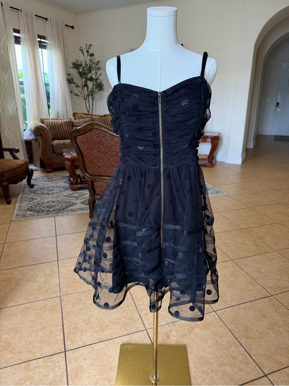 Y2K Betsey Johnson Black Polka Dot Mesh A-Line Dress with Front Zip